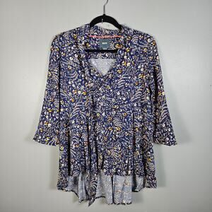 Anthropologie Maeve Size XS  Tie Neck 3/4 sleeve Swing Navy Floral Top Tunic